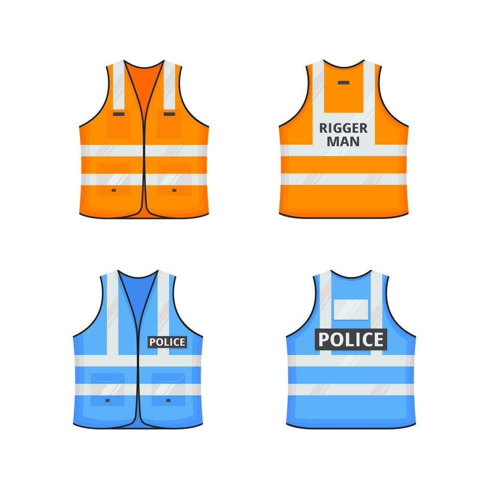 sécurité réfléchissant gilet avec laboratoires étiquette plat style conception vecteur illustration ensemble.