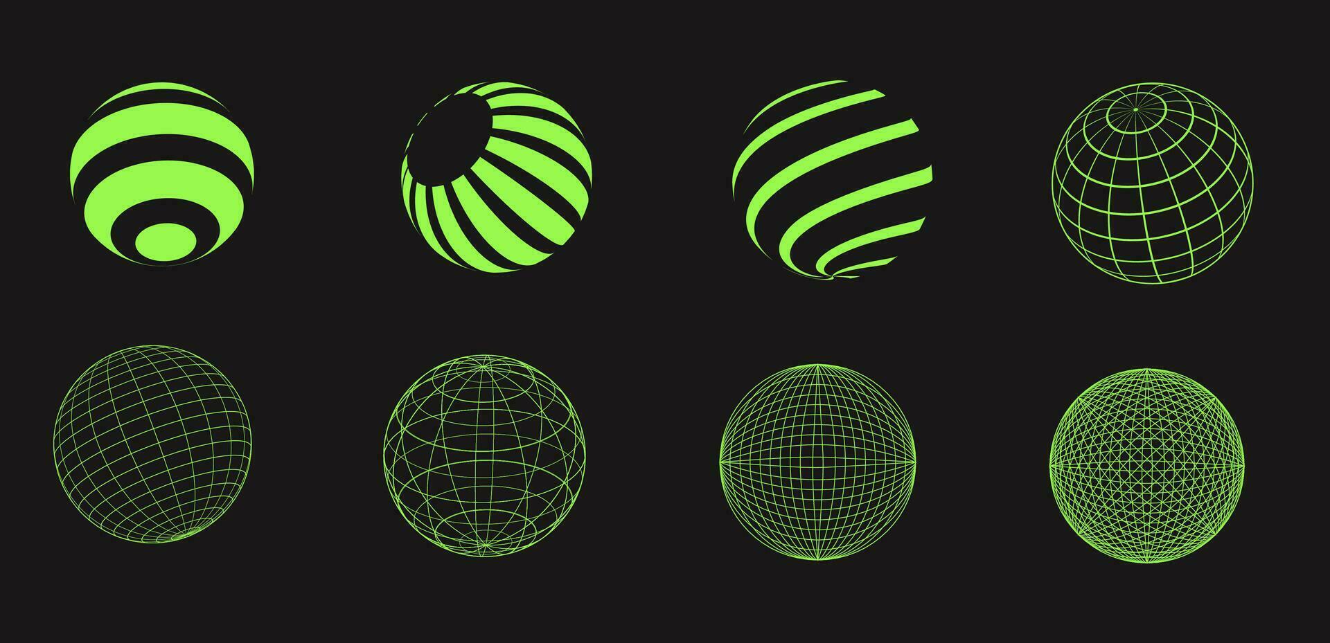 ensemble de filaire formes. cyber néo futuriste grilles, 3d engrener objets et formes. filaire ondulé géométrique la perspective balle, sphère. Années 80 cyberpunk éléments, vecteur ensemble.