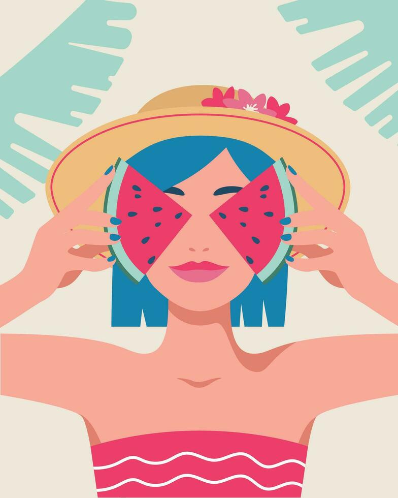 été temps, vacances, mer. portrait de une femme avec sa yeux fermé avec Frais tranches de pastèque. vecteur illustration dans une minimaliste style pour affiches, couvertures, dépliants, bannières