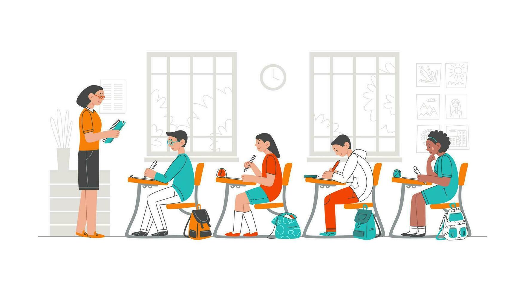 classe avec les enfants. une prof ou professeur enseigne élèves à école. étudiant apprentissage dans salles de classe à l'intérieur. vecteur illustration