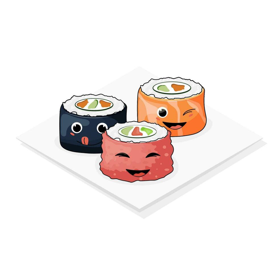 une ensemble de de bonne humeur mignonne Sushi et Rouleaux avec une smiley visage sur une plat. vaisselle de Japonais traditionnel cuisine. vecteur