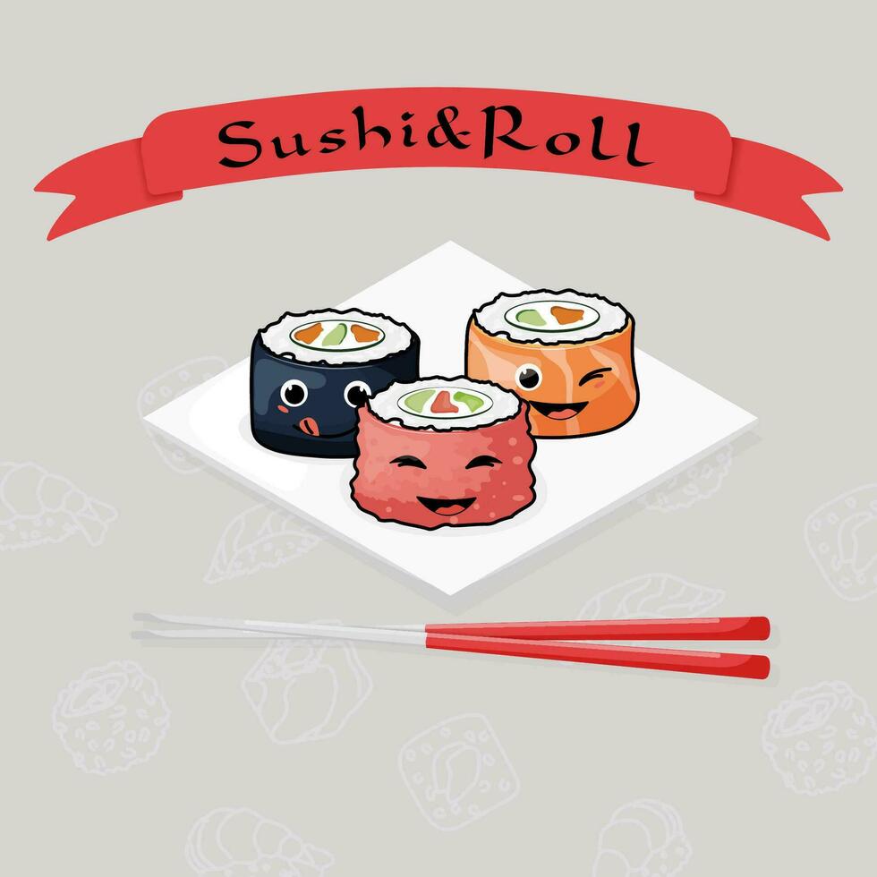 une ensemble de mignonne Sushi et Rouleaux avec une souriant de bonne humeur affronter. vaisselle de Japonais traditionnel cuisine. vecteur