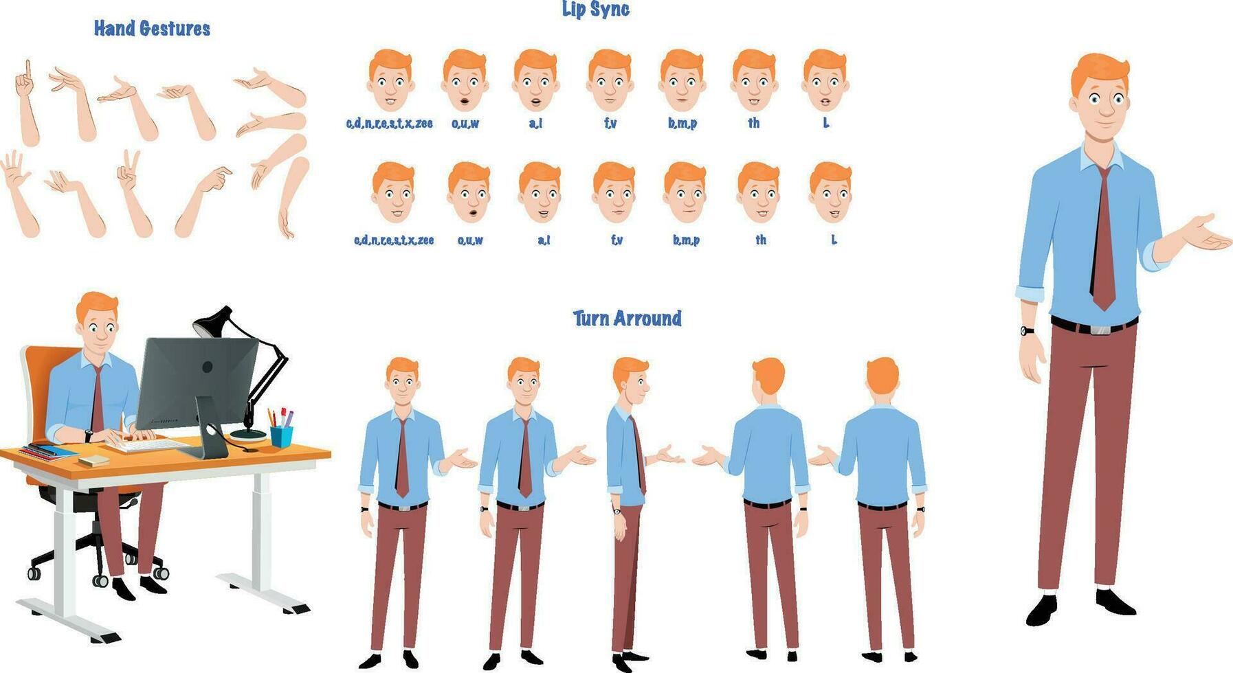 une affaires homme personnage modèle feuille pour animation. femme personnage modèle feuille avec lèvres synchroniser, main geste, tour autour feuille vecteur