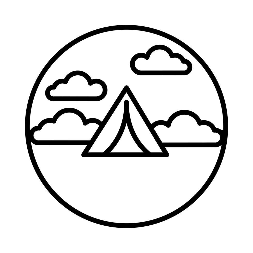 scène de paysage avec icône de style de ligne de tente de camping vecteur
