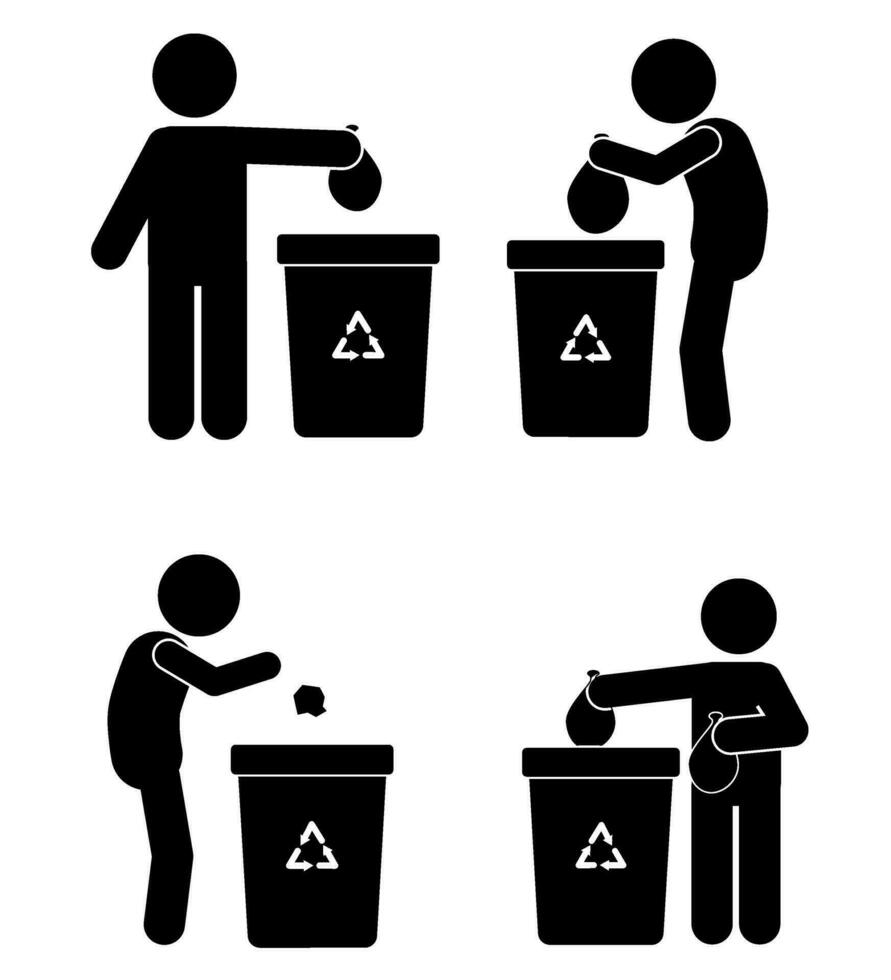 icône et illustration de une bâton figure disposer de poubelle. vecteur