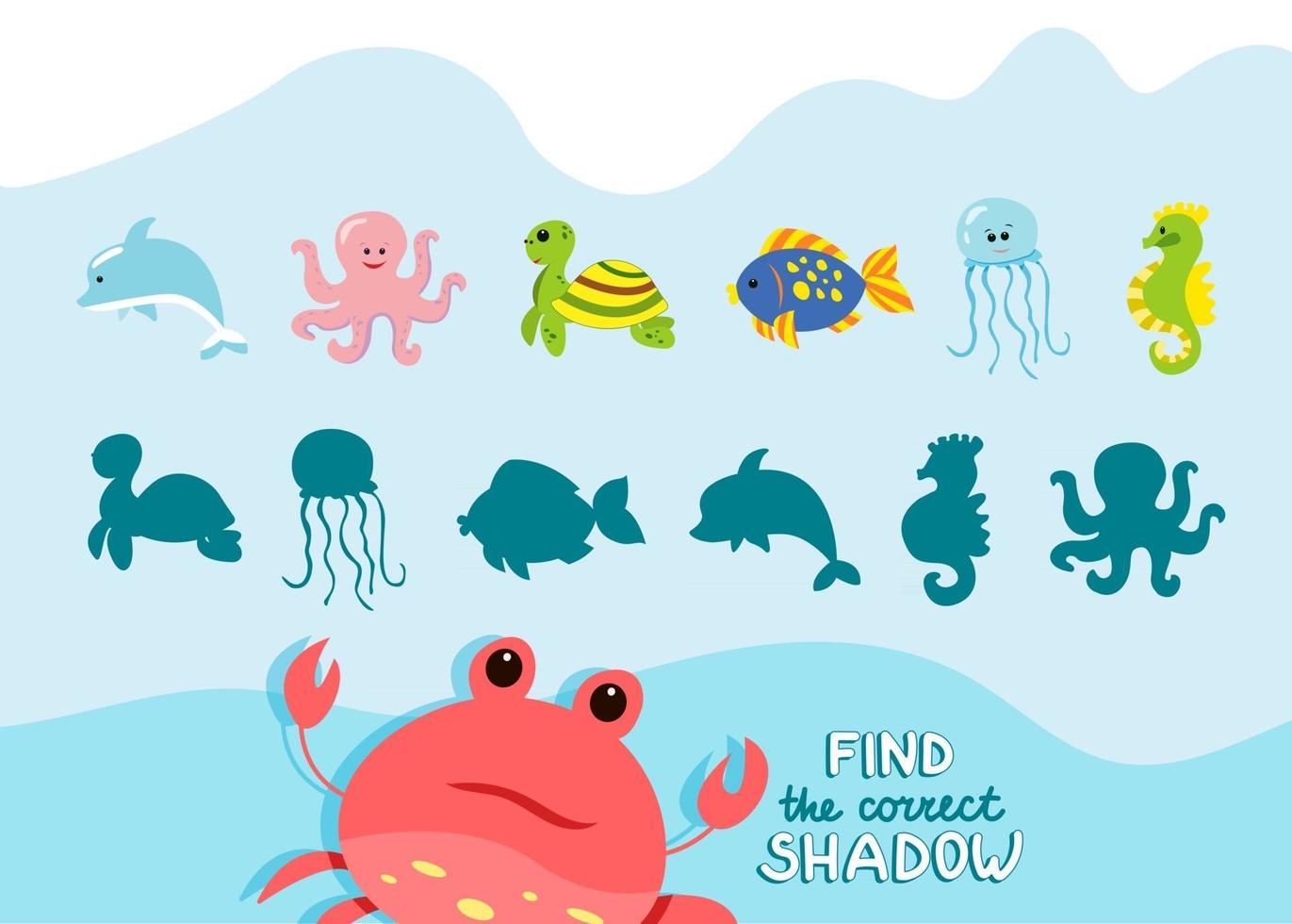 trouver la bonne ombre jeu éducatif d'animaux marins mignons pour les enfants collection de jeux pour enfants illustration vectorielle en style cartoon vecteur