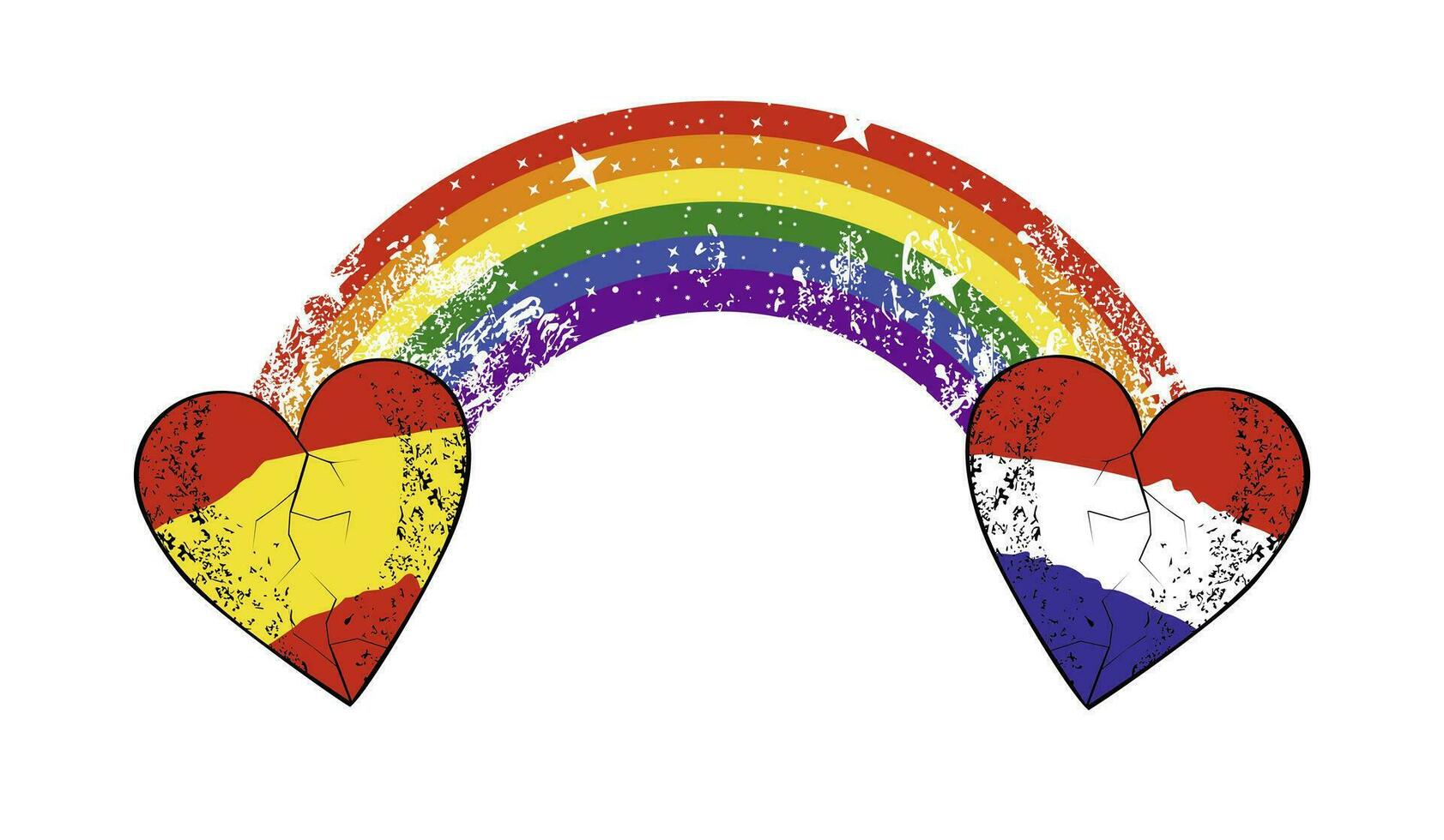 T-shirt conception de une arc en ciel unir deux cœurs avec le couleurs de Espagne et France. vecteur illustration pour gay fierté journée.