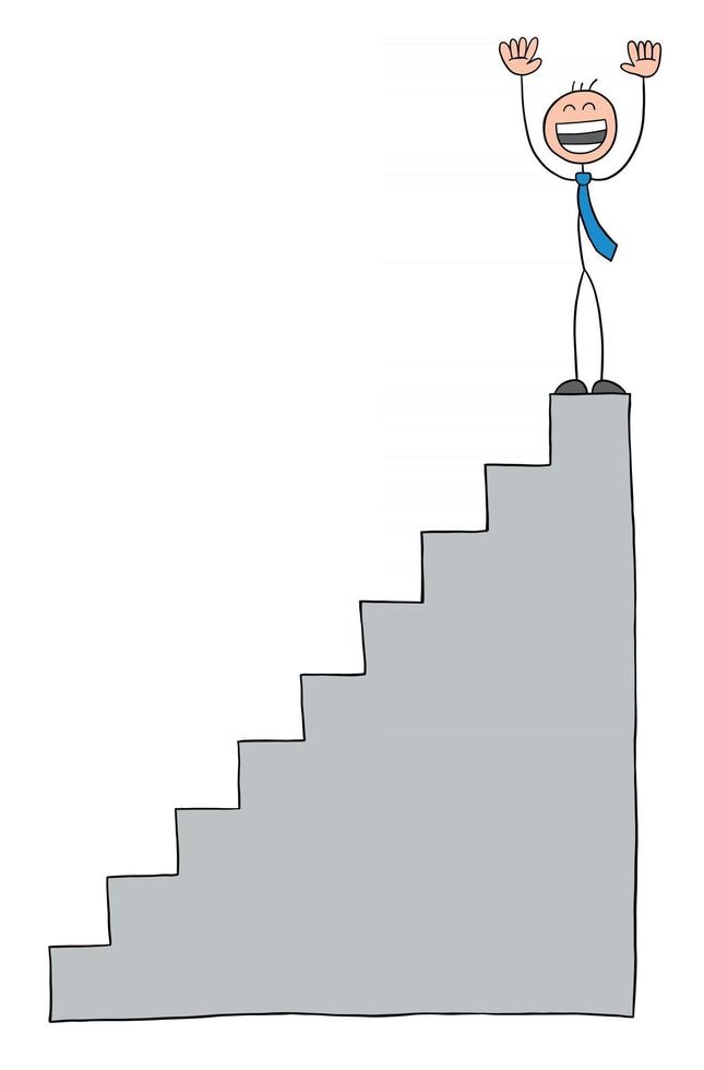 personnage d'homme d'affaires stickman en haut des escaliers et illustration de dessin animé de vecteur très heureux