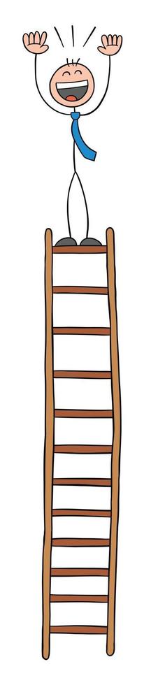 personnage d'homme d'affaires stickman en haut de l'échelle et illustration de dessin animé de vecteur très heureux