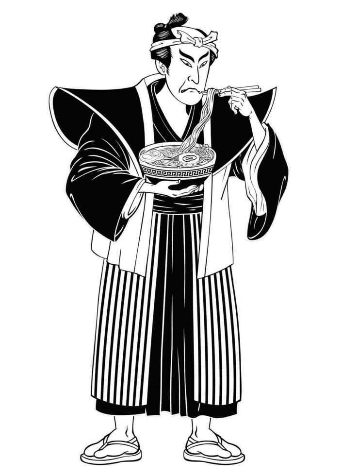 ukiyo e style illustration de homme en mangeant ramen isolé noir et blanc vecteur