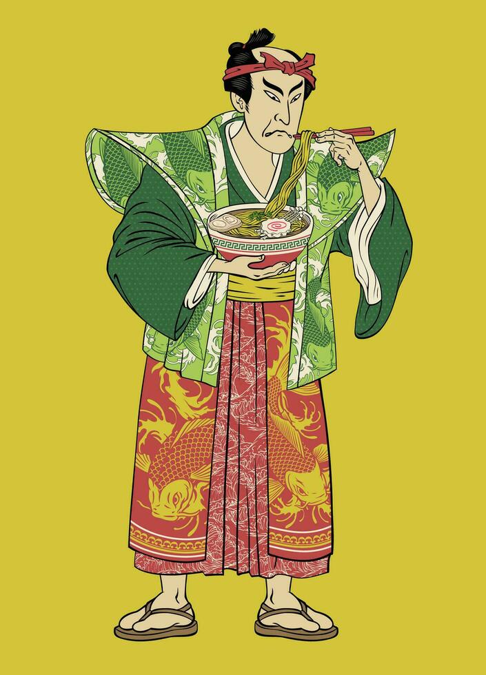 Japonais homme portant kimono en mangeant ramen nouille dans edo style illustration vecteur