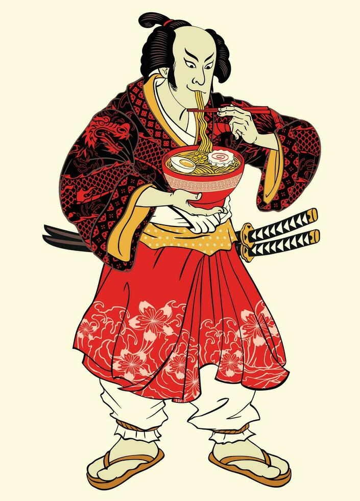 ancien main tiré art de homme manger délicieux ramen dans edo période style illustration vecteur