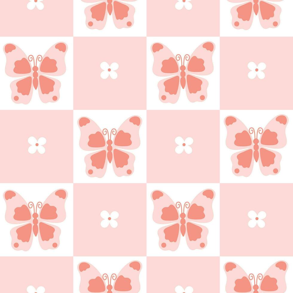 mignonne à carreaux sans couture modèle avec fleurs et papillons. vecteur graphique.