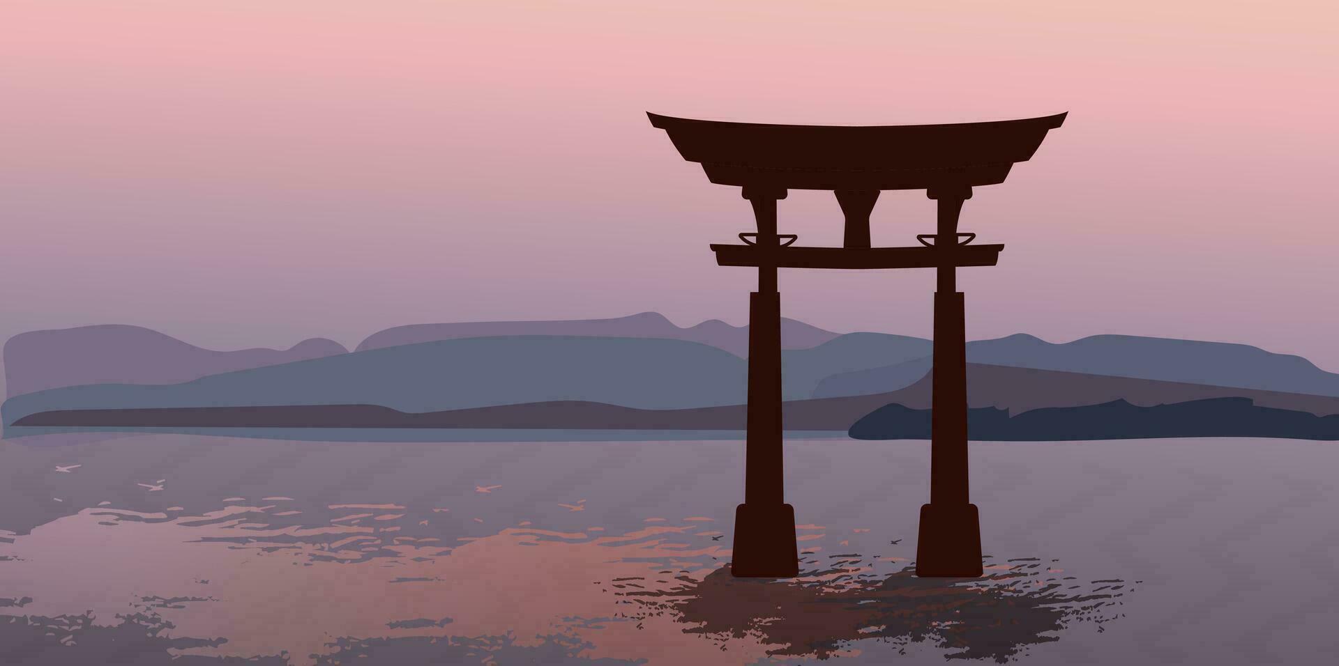 une Japon terre marque pour Bienvenue à Japon Voyage concept avec Japonais traditionnel rouge torii porte vecteur illustration