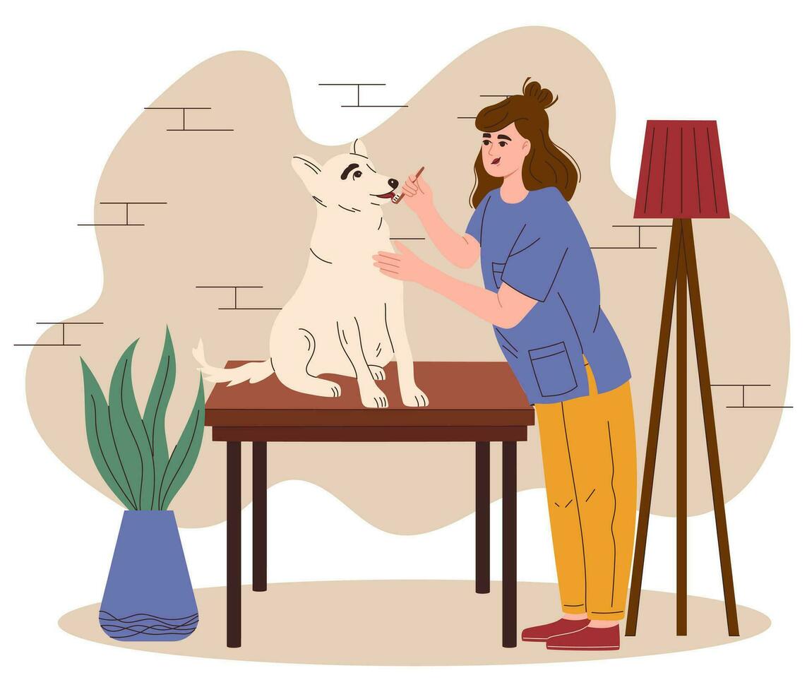 vétérinaire nettoie le chiens dents. vétérinaire médecin rendez-vous. maintenir en bonne santé chien les dents et gommes. gencive maladie la prévention. chien dentaire se soucier concept. vecteur illustration