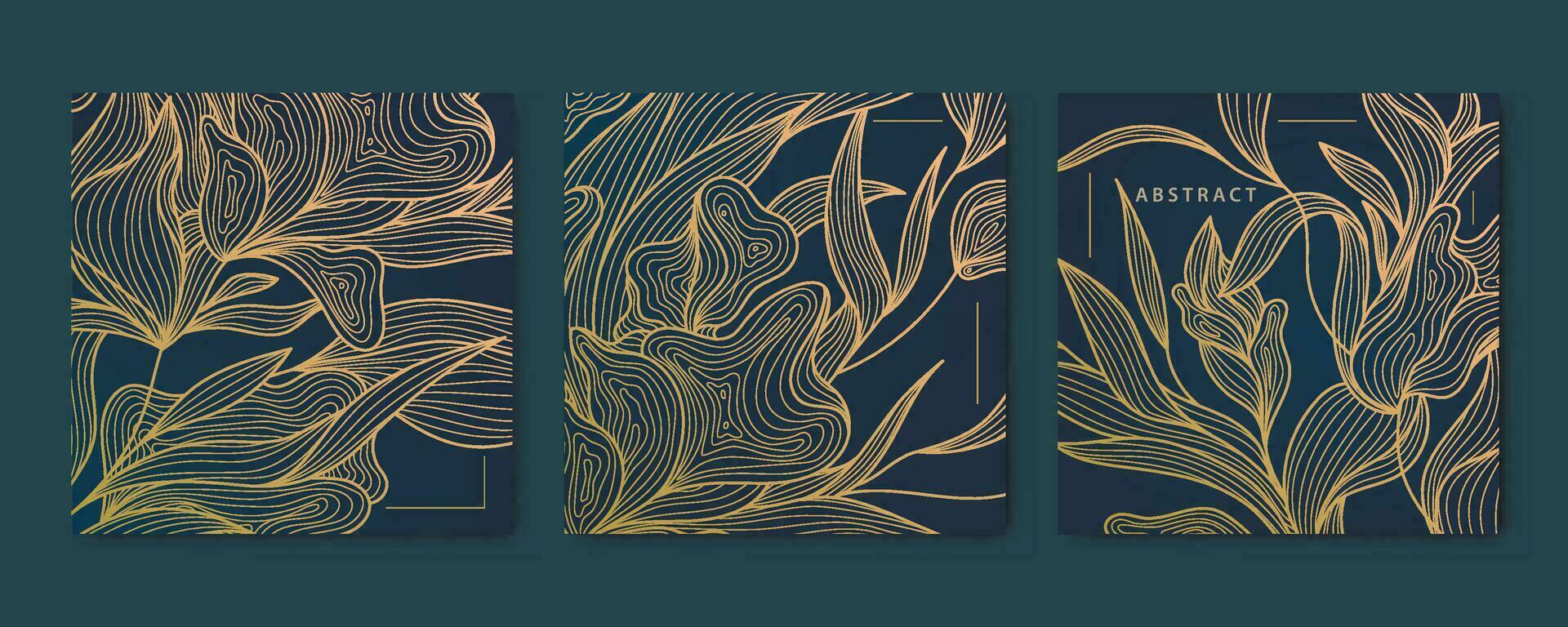 vecteur ensemble de abstrait luxe d'or carré cartes, vague Publier modèles pour social filet, feuilles botanique moderne, art déco fond d'écran Contexte. ligne floral motifs dans Japonais style