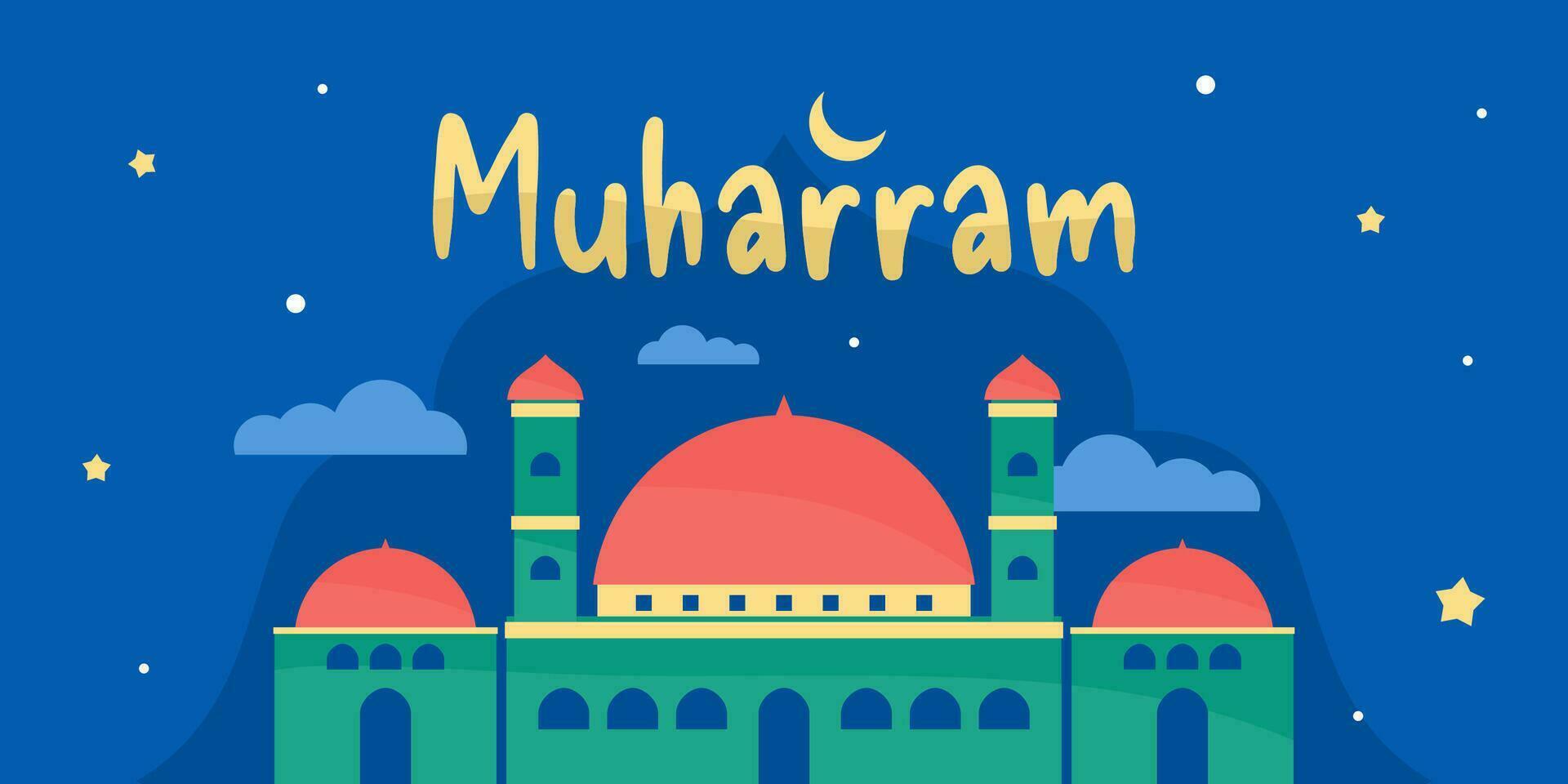 content muharram islamique Nouveau année bannière avec lune, étoile et gros mosquée vecteur
