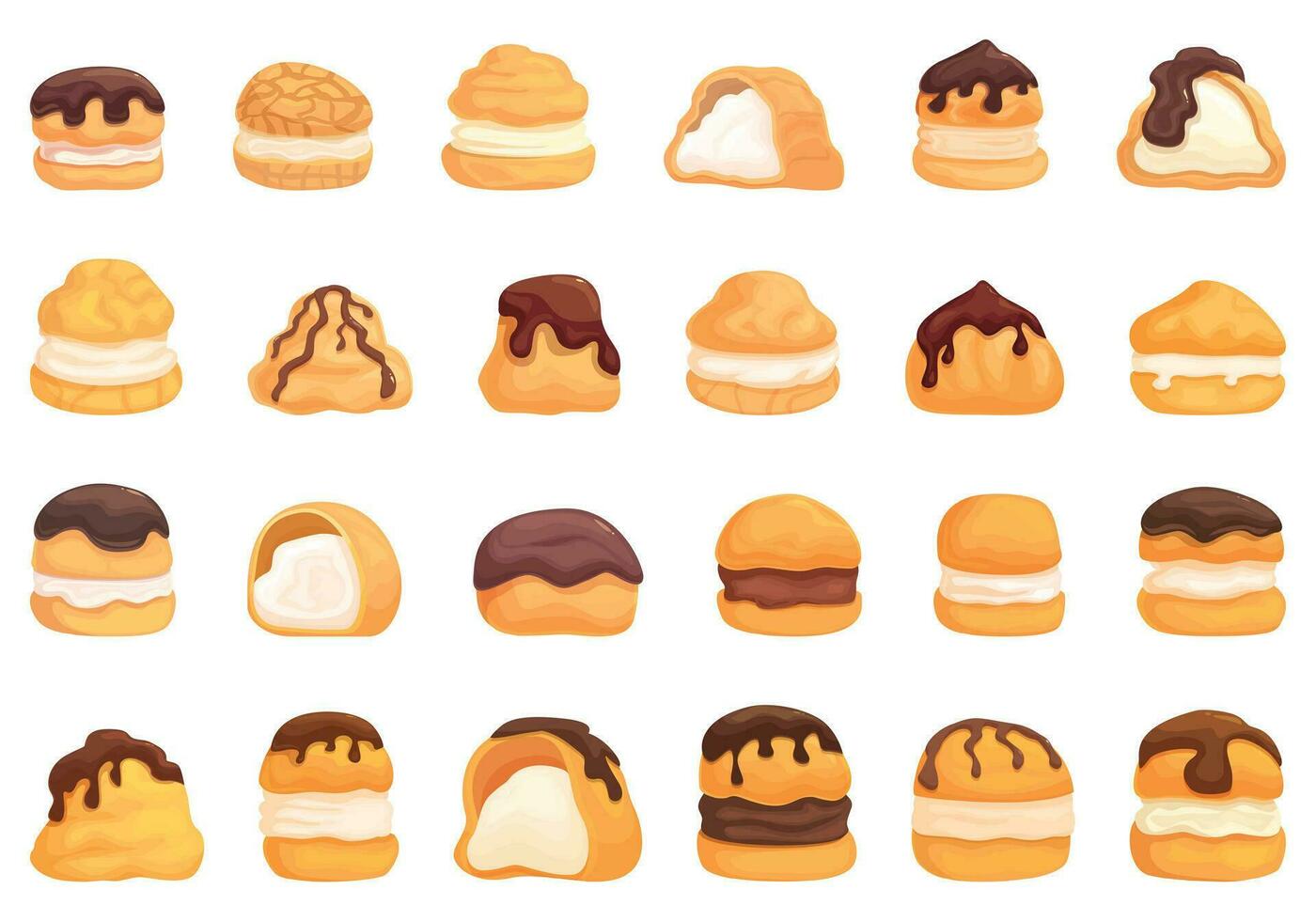 profiterole Icônes ensemble dessin animé vecteur. Chocolat nourriture vecteur