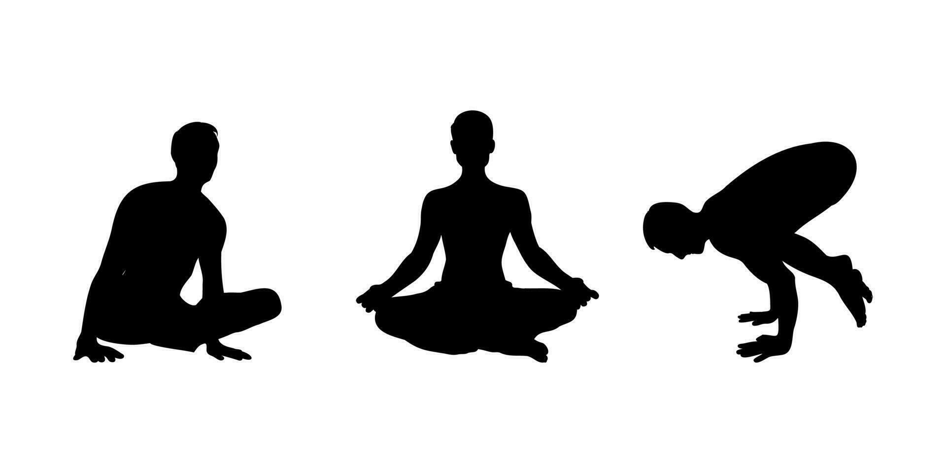 yoga asana ensemble. ensemble de Masculin silhouettes exercice yoga. main tiré esquisser vecteur illustration