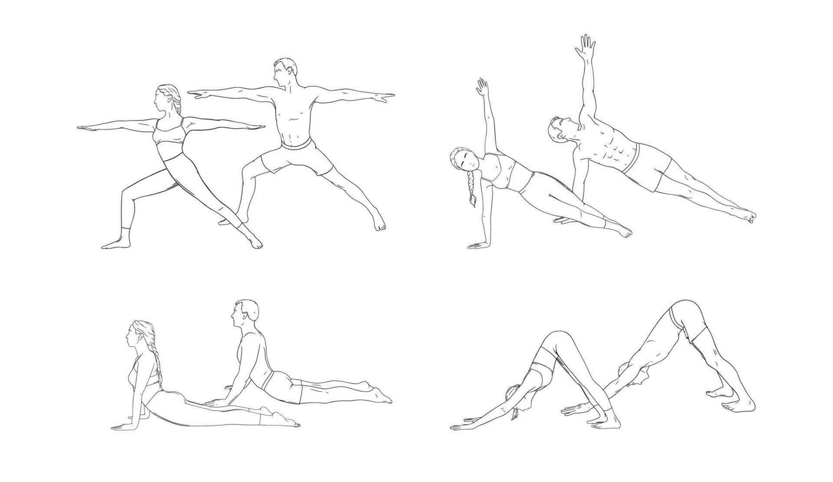 yoga guerrier, chien, cobra et côté planche. femme et homme pratiquant renforcement yoga pose. main tiré vecteur illustration