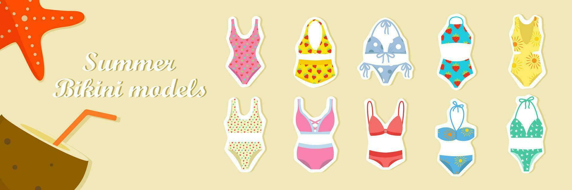 nager costume les types plat vecteur illustration, bikini ensemble, imprimé bikini ensemble, maillots de bain pour femmes, femmes mode, été impressions maillot de bain ensemble, été mode, femmes mode ensemble, rétro baignade costume.