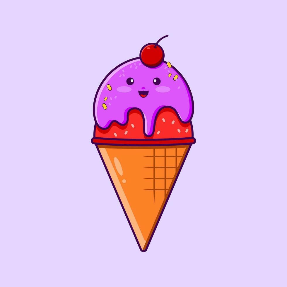 mignonne dessin animé la glace crème cône avec cerise. vecteur plat illustration