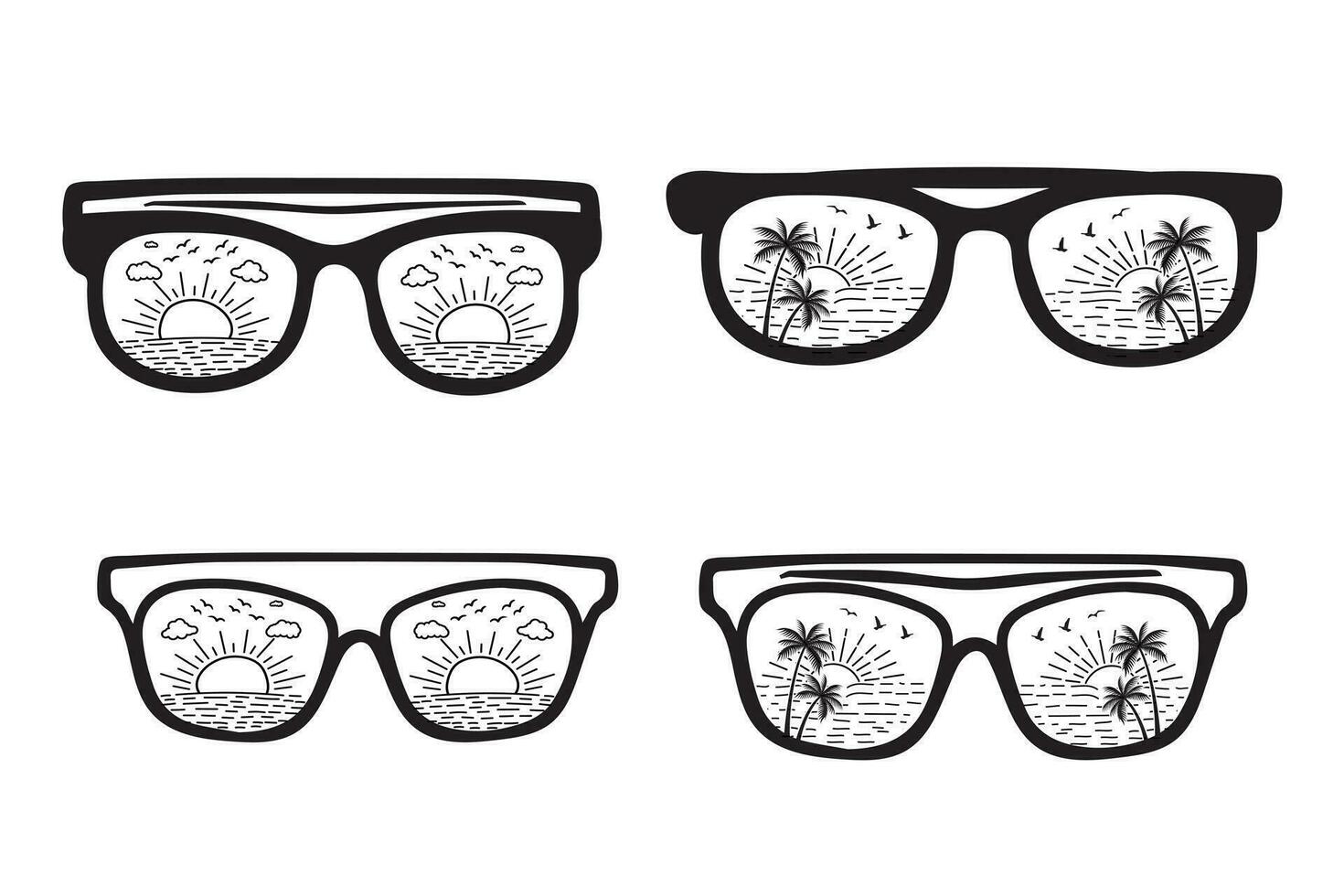 ligne art plage réflexion des lunettes de soleil vecteur T-shirt conception élément, lever du soleil ensoleillement vague contour style, été vacances avec paume des arbres lunettes icône, heure d'été à la mode impression