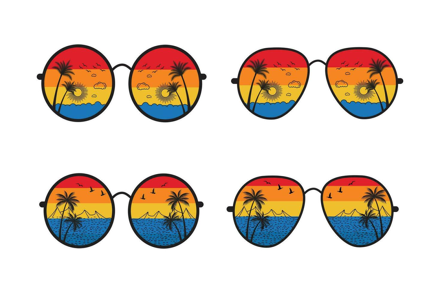 rétro plage réflexion des lunettes de soleil vecteur T-shirt conception élément, été vacances avec paume des arbres lunettes, lever du soleil ensoleillement vague paysage, Années 90 affligé ancien, Années 70 vieux coloré style