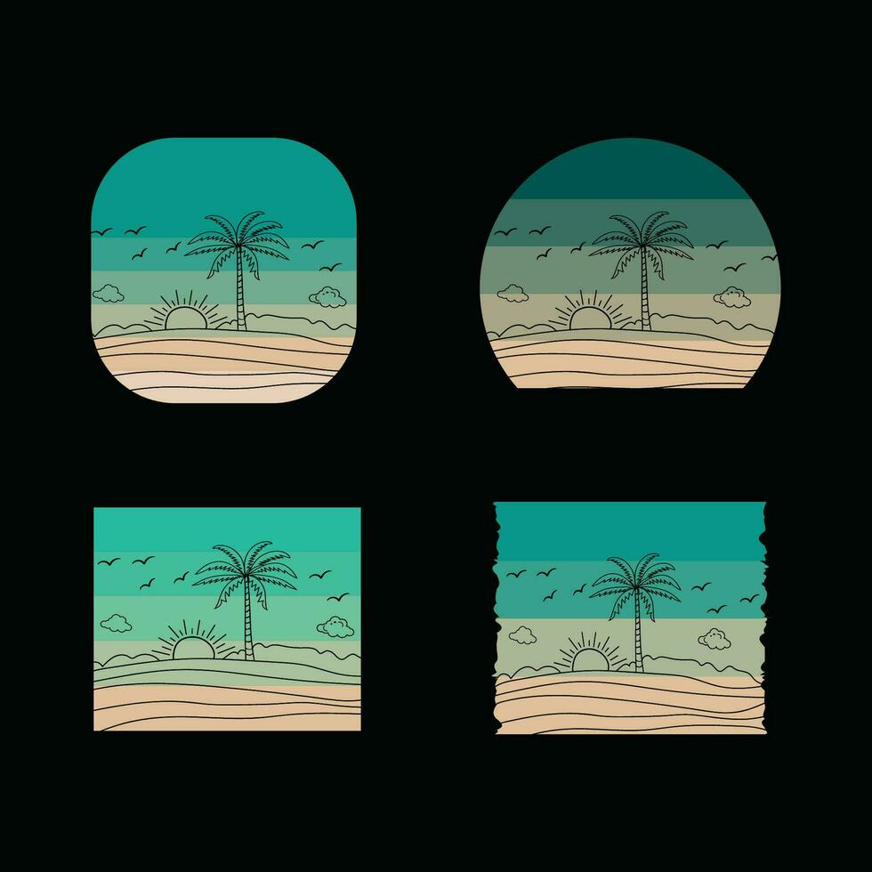 rétro le coucher du soleil plage T-shirt conception prêt modèle graphique vecteur illustration, Années 90 affligé ancien, été vacances avec paume des arbres insignes, Années 70 vieux coloré style, lever du soleil ensoleillement vague Toile