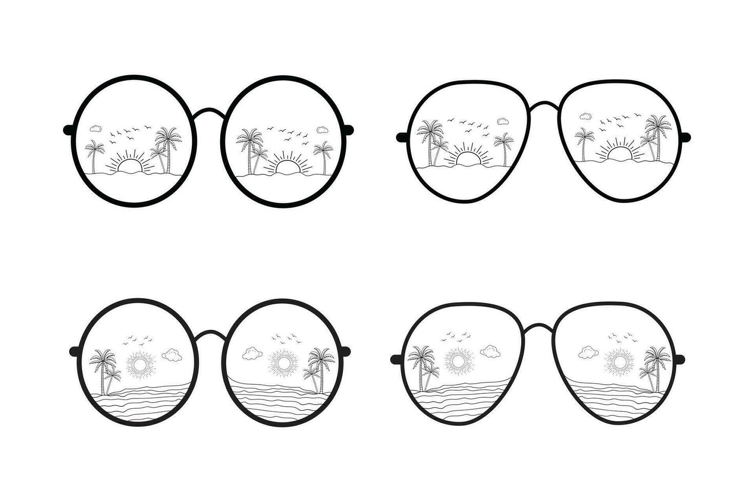 ligne art plage réflexion des lunettes de soleil vecteur T-shirt conception élément, lever du soleil ensoleillement vague contour style, été vacances avec paume des arbres lunettes icône, heure d'été à la mode impression