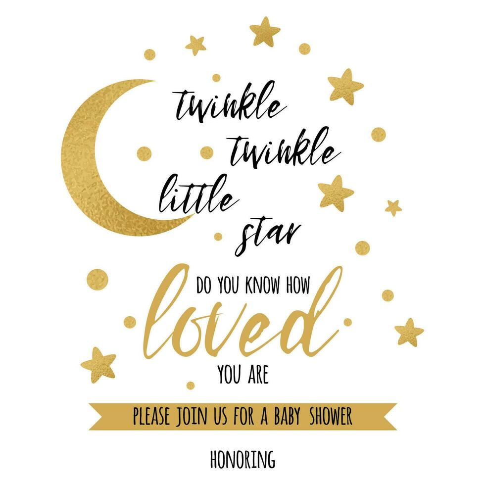 scintillement scintillement peu étoile texte avec mignonne or étoile et lune pour fille bébé douche carte modèle vecteur illustration. bannière pour les enfants anniversaire conception, logo, étiqueter, signe, imprimer. inspirant citation