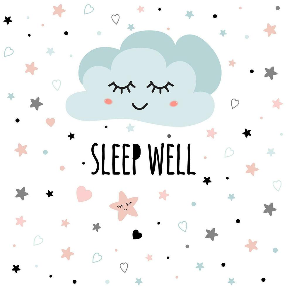 affiche pour bébé pièce avec texte sommeil bien pour bébé décoré mignonne main tiré lumière rose dessin animé nuage étoile cœur agréable souhait pour bébé douche conception carte bannière tissu puéril vecteur illustration.