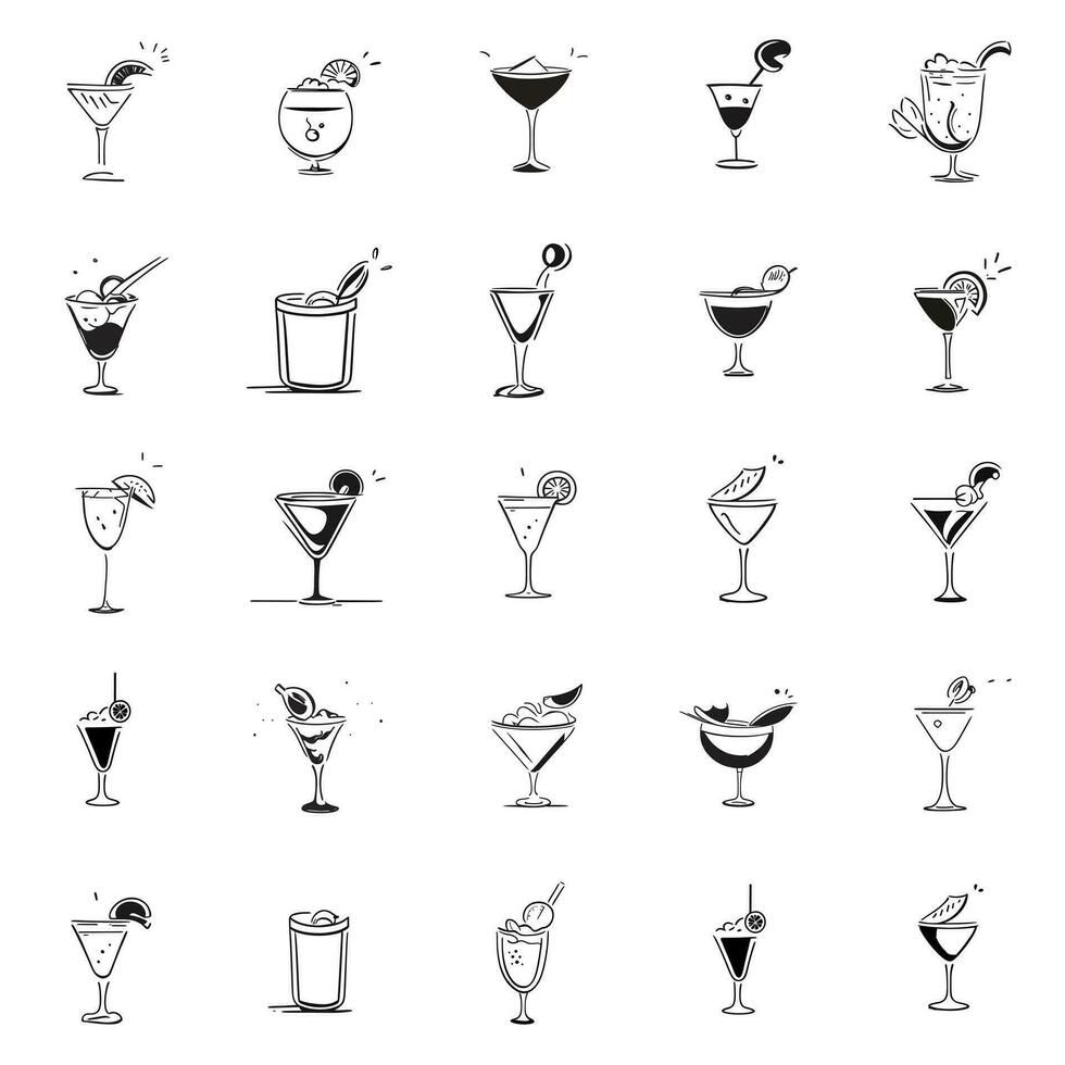 vecteur contour de l'alcool des lunettes icône ensemble dans griffonnage style. les types de de l'alcool les boissons lunettes. conception éléments pour menus, des pubs, cartes postales, publicité. divers des lunettes pour alcoolique les boissons dans griffonnage style.