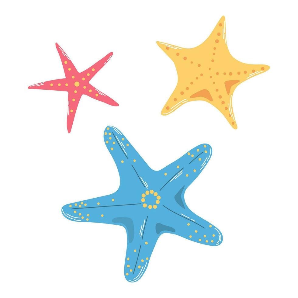 isolé rouge bleu Jaune étoiles de mer dans plat main tiré vecteur style sur blanc Contexte. Marin vie. pour imprimer, conception, affiche