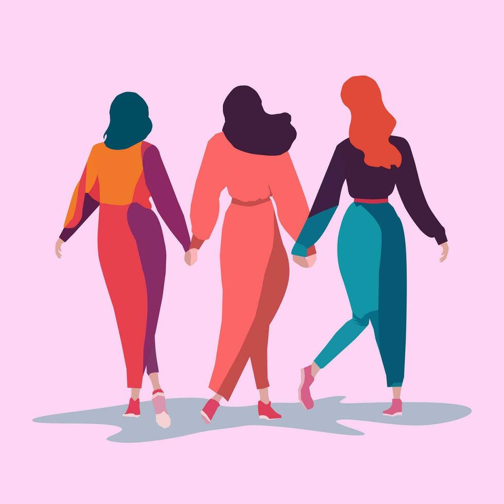 Trois femmes en portant mains. Dames marcher ensemble. vecteur illustration.