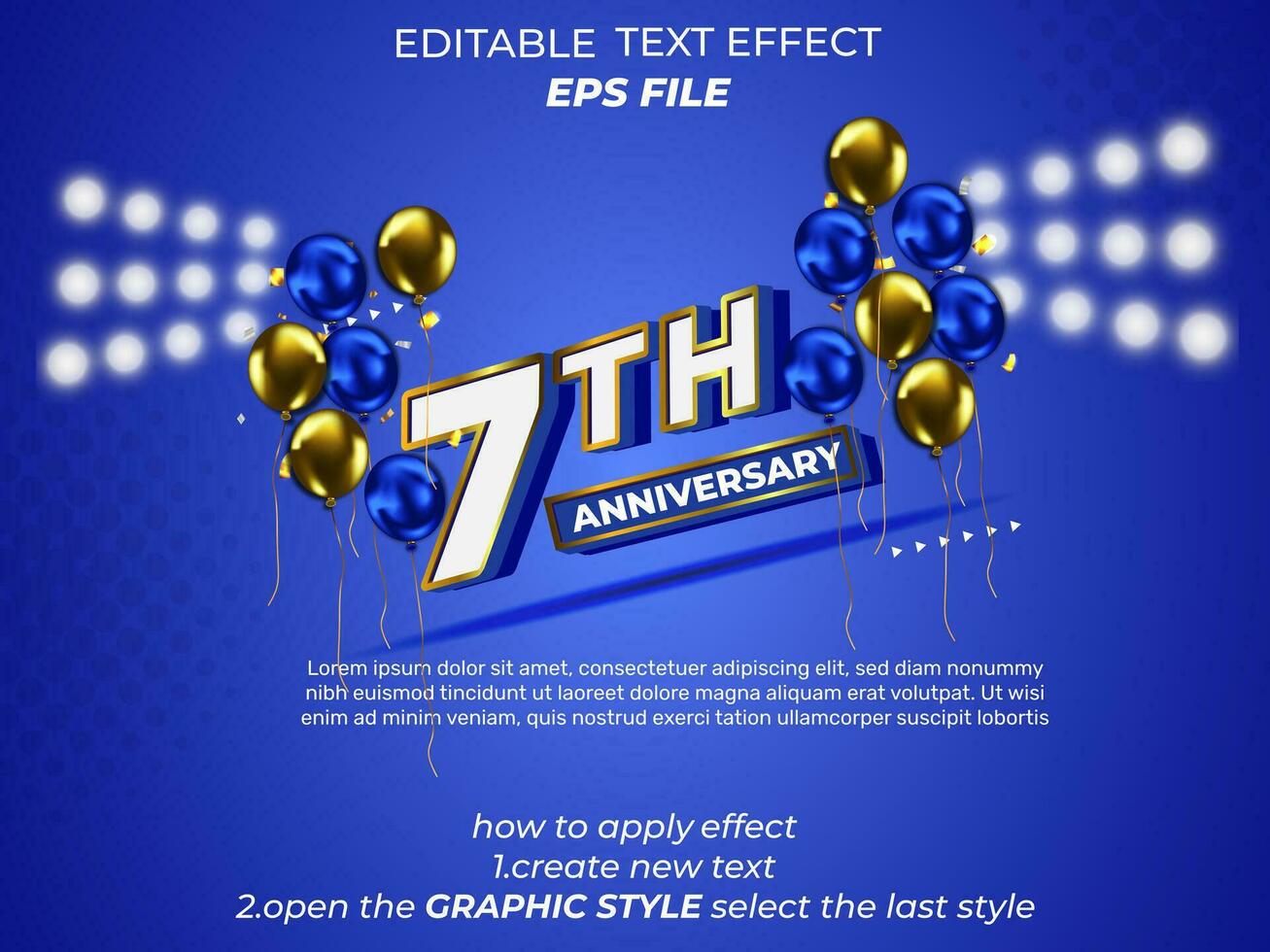 7e e anniversaire texte effet, typographie, 3d texte. vecteur modèle