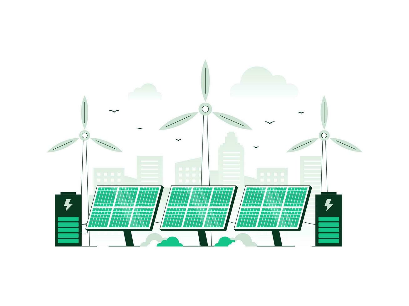 énergies renouvelables énergie et renouvelable électrique Puissance station avec solaire panneaux et vent turbines. nettoyer électrique énergie de renouvelable sources Soleil et vent. vecteur illustration avec minimaliste couleur.