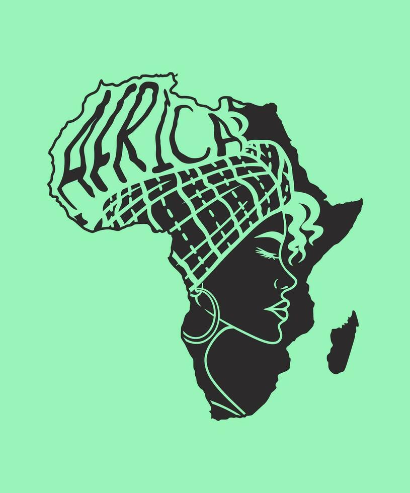 concept de africain femme, visage profil silhouette avec turban dans le forme de une carte de Afrique vecteur
