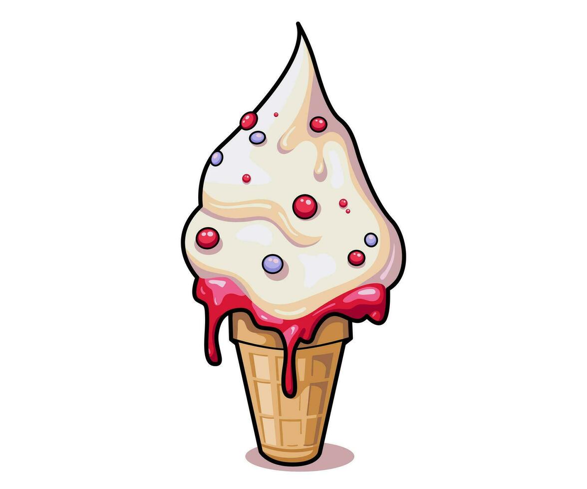 sucré la glace crème fusion des balles dans le gaufre cône isolé sur Contexte. vecteur plat contour icône, étiqueter, autocollant. bande dessinée personnage dans dessin animé style illustration.