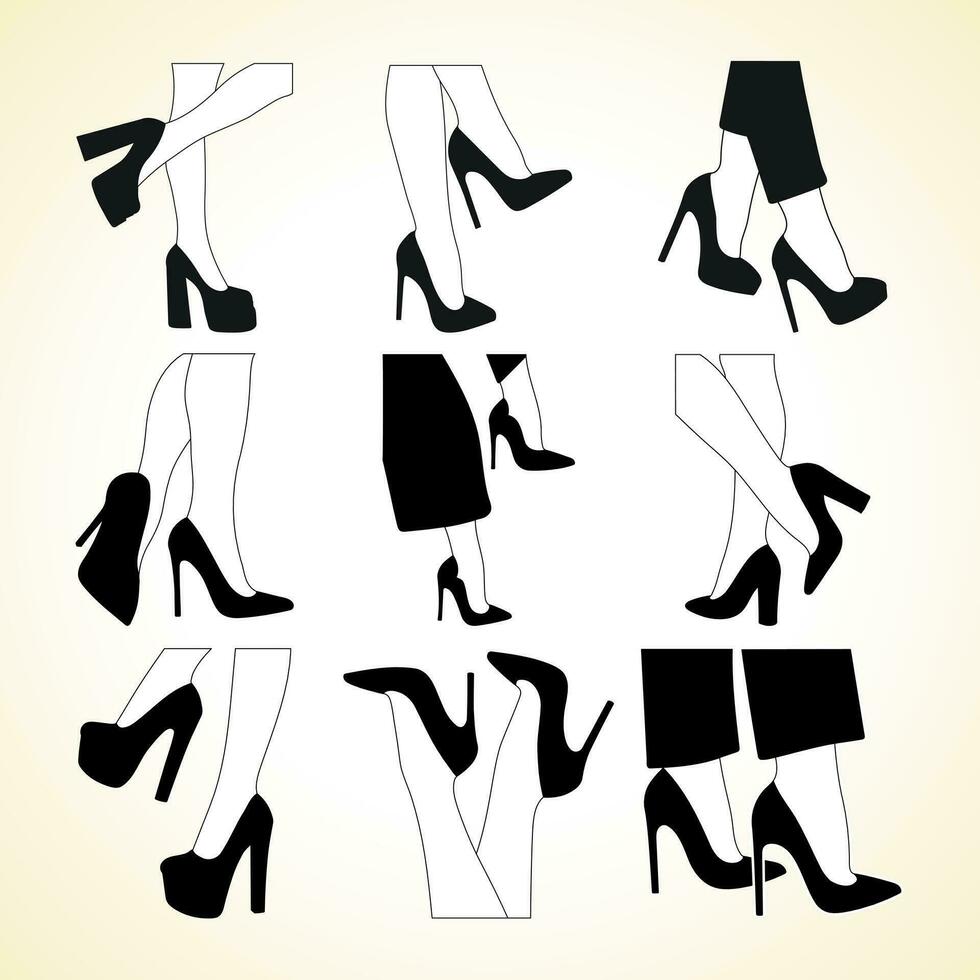 silhouettes contour de femelle jambes. des chaussures talons aiguilles, haute talons. marche, debout, en cours d'exécution, sauter, Danse vecteur