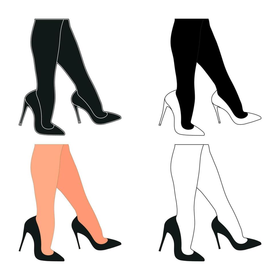 silhouette contour de femelle jambes dans une pose. des chaussures talons aiguilles, haute talons. marche, debout, en cours d'exécution, sauter, Danse vecteur
