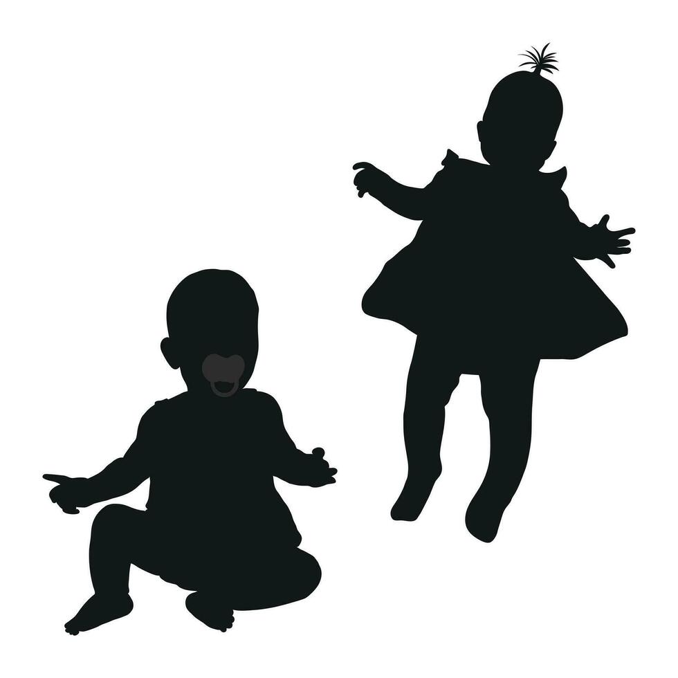 image de une noir silhouette de une bébé en haut à une an. le enfant aller, debout, séance, en cours d'exécution, marche, danse, étreindre vecteur