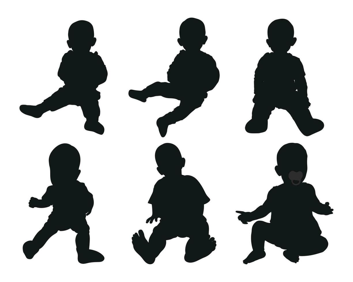image de une noir silhouette de une bébé en haut à une an. le enfant séance, marche, Danse vecteur