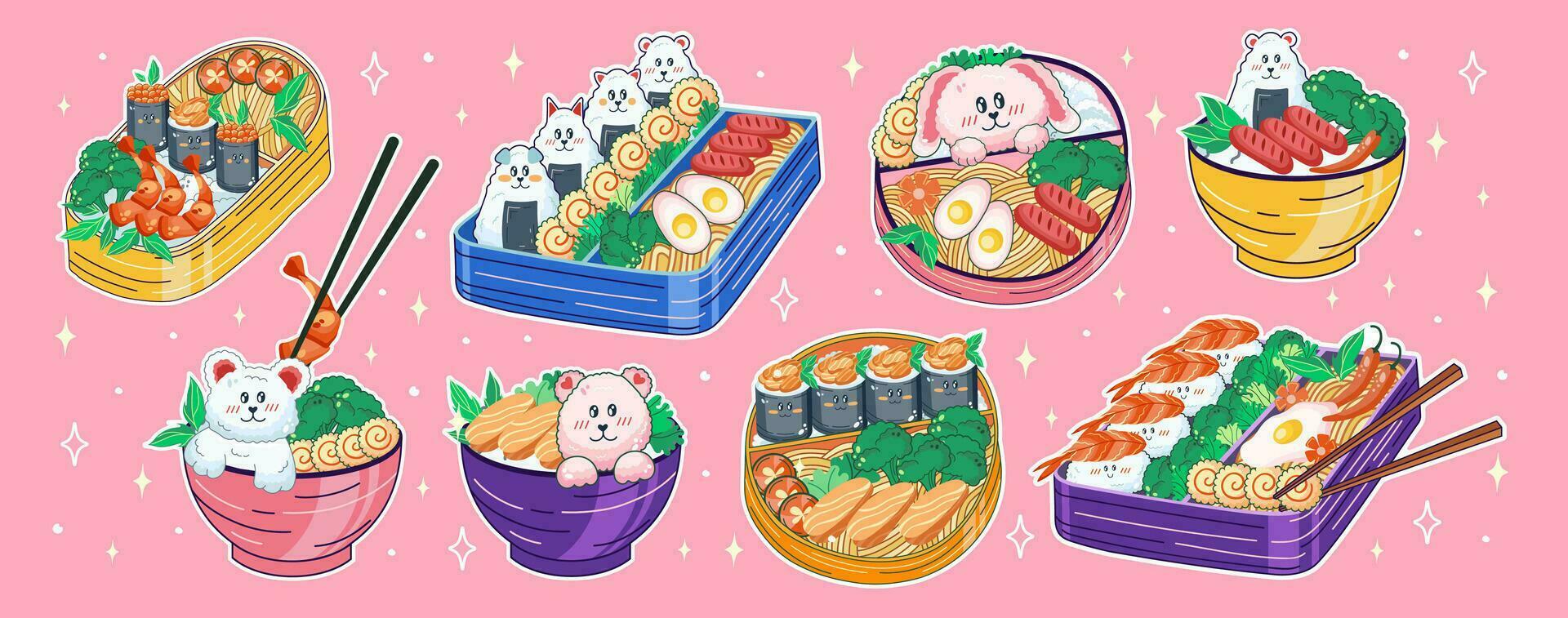 bento des boites et boules dans kawaii style. mignon, coloré illustrations. Japonais nourriture dans le déjeuner des boites. animé. vecteur. vecteur