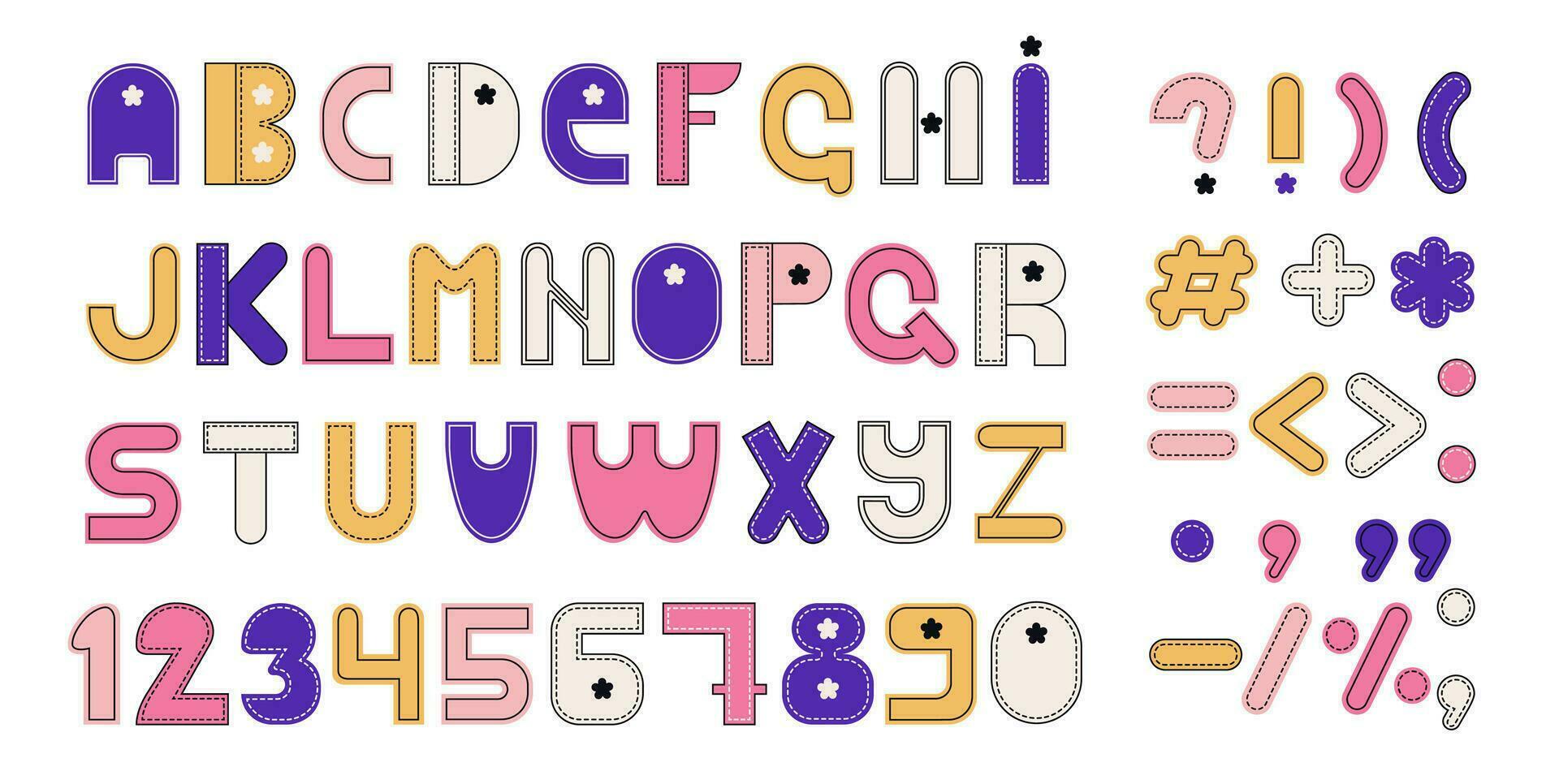 mignonne alphabet, Nombres, et symboles. ensemble de froussard des lettres. vecteur. vecteur