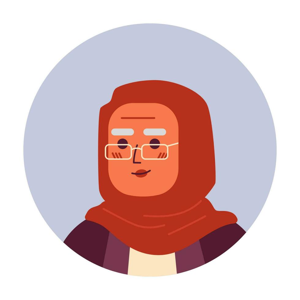 Sénior arabe femme dans hijab semi plat vecteur personnage diriger. sérieux Dame dans lunettes. modifiable dessin animé avatar icône. visage émotion. coloré place illustration pour la toile graphique conception, animation