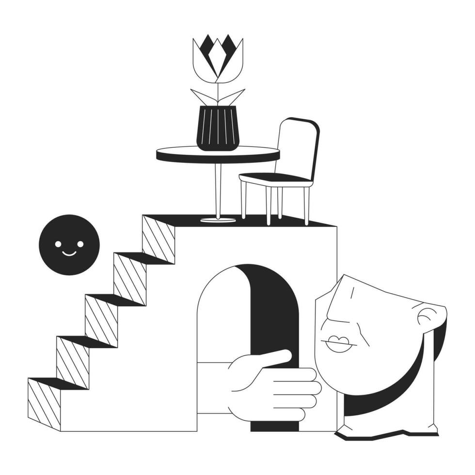 abstrait composition plat monochrome isolé vecteur objet. table et chaise sur escaliers.modifiable noir et blanc ligne art dessin. Facile contour place illustration pour la toile graphique conception