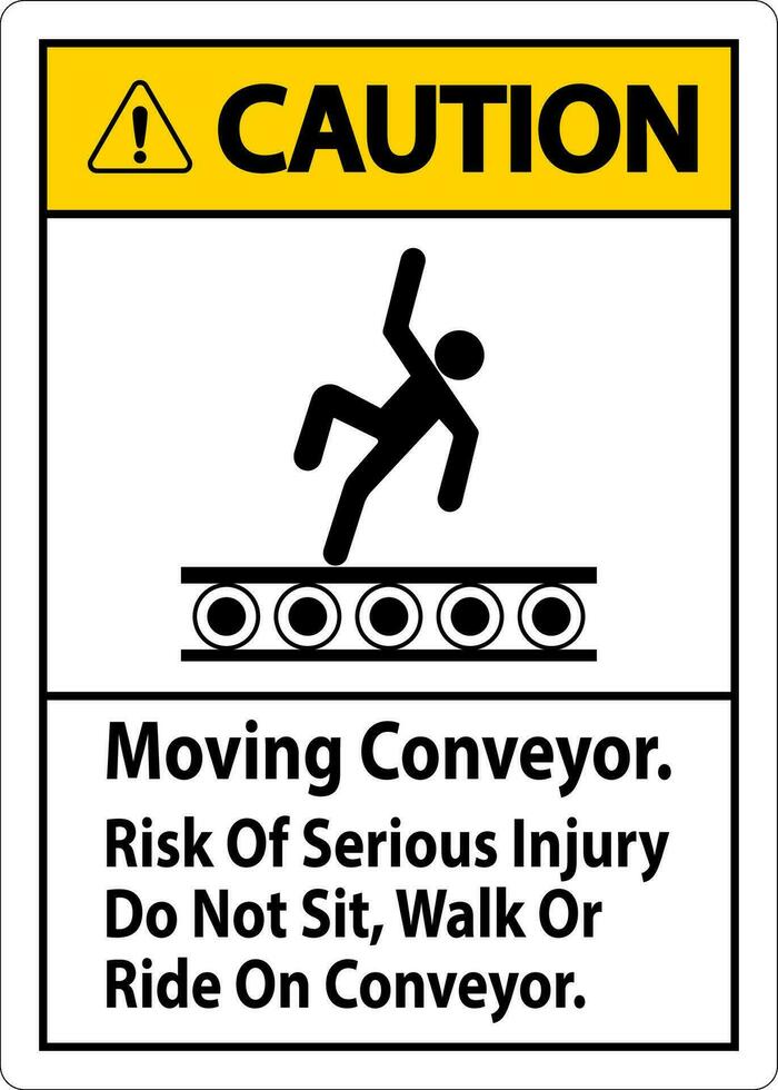 mise en garde signe en mouvement convoyeur, risque de sérieux blessure faire ne pas asseoir marcher ou balade sur convoyeur vecteur