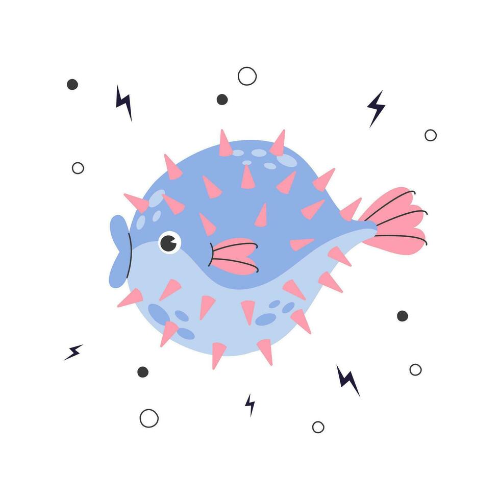 affiche avec mignonne Marin violet puffer poisson isolé sur blanc Contexte avec griffonnage éléments. coloré illustration de toxique poisson. mignonne dessin animé sous-marin monde. vecteur Stock illustration.