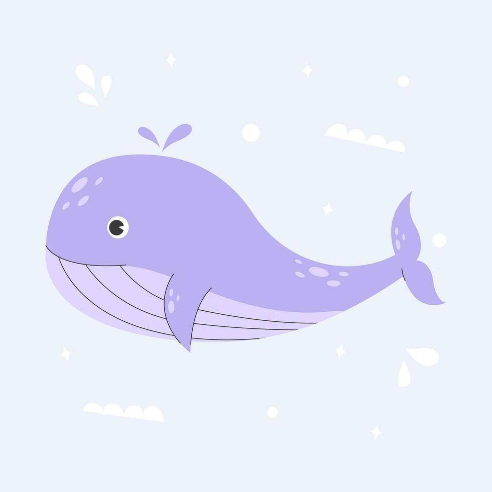 affiche avec une mignonne Marin violet baleine sur une bleu Contexte avec nautique éléments. coloré autocollant illustration avec pour enfants. mignonne dessin animé sous-marin monde. vecteur Stock illustration.